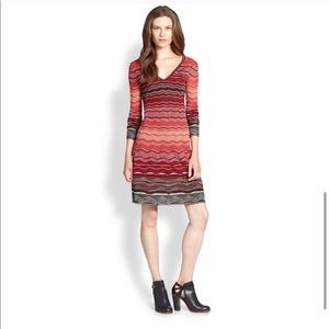 M MISSONI Degrade Ripple Knit V Neck Dress in Red